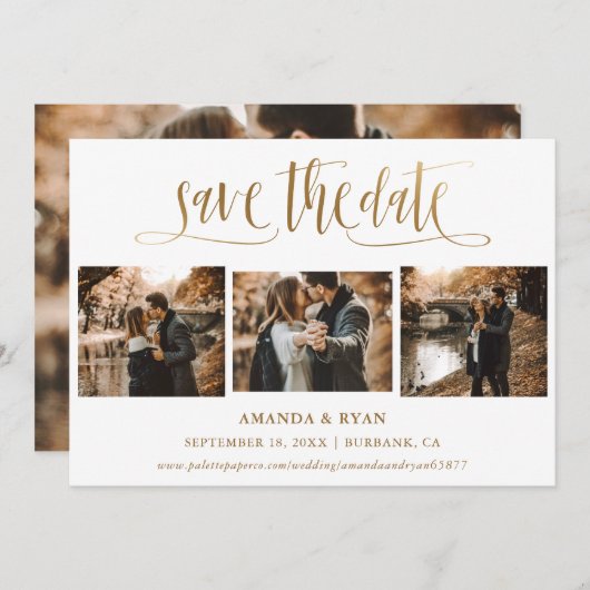 Elegant Script Gold Wedding 4 Foto slaat de datum Save The Date (Voorkant / Achterkant)