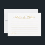 Elegant Script Gold Wedding Advice en wenst Kaart<br><div class="desc">Voeg een persoonlijke aanraking toe aan uw bruiloft met een elegante trouwraad en wenskaart. Deze advieskaart heeft een titel in gouden elegante lettertypestijl voor calligrafie en bevat details in gouden klassieke serif lettertypestijl op witte achtergrond. Ideaal voor bruiloft, baby shower, verjaardagsfeest, vrijgezellenfeest, bachelorette en alle speciale gelegenheden. Opmerking: de details...</div>