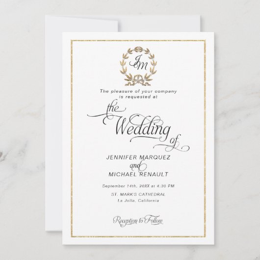 Elegant Script Gold Wreater Monogram Foto Weddensc Kaart (Voorkant)