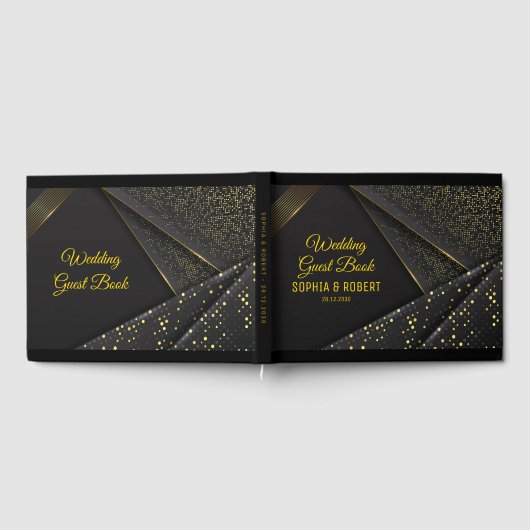 Elegant script Golden Floral Luxe zwarte bruiloft Gastenboek (Volledig)