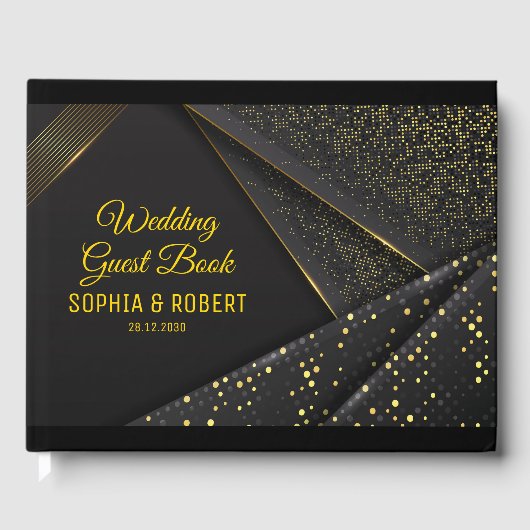 Elegant script Golden Floral Luxe zwarte bruiloft Gastenboek (Voorkant)