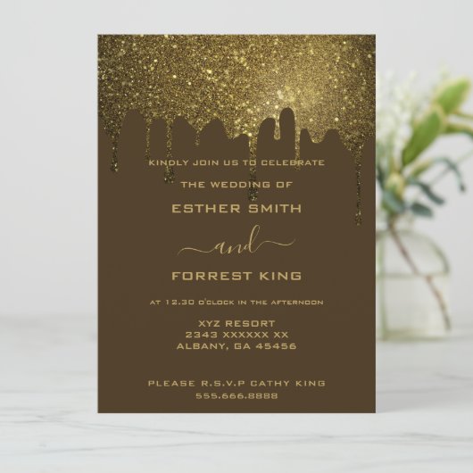 Elegant Script Golden Glitter Sparkle Wedding Kaart (Staand voorkant)
