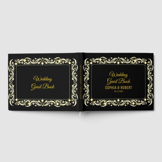 Elegant Script Golden Luxury Floral Black Wedding Gastenboek (Volledig)