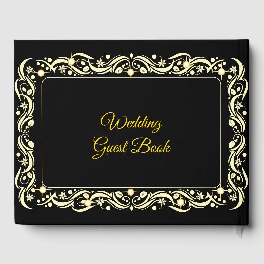 Elegant Script Golden Luxury Floral Black Wedding Gastenboek (Achterkant)