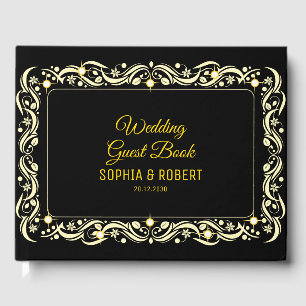Elegant Script Golden Luxury Floral Black Wedding Gastenboek