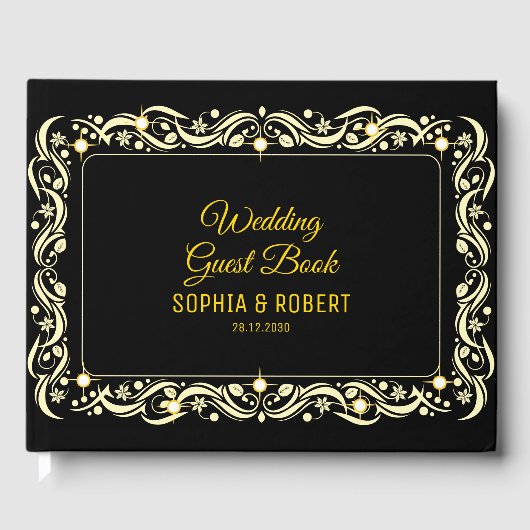 Elegant Script Golden Luxury Floral Black Wedding Gastenboek (Voorkant)