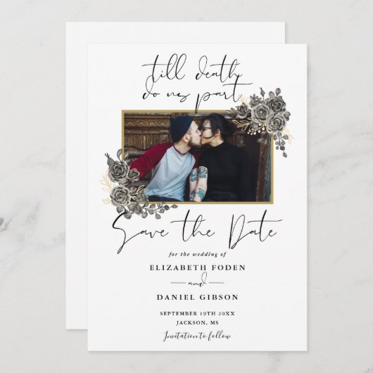 Elegant Script Gotische Bloemen Fotobruiloft Save The Date (Voorkant / Achterkant)