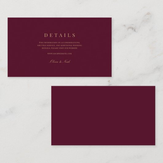 Elegant Script Goud & bordeaux bruiloft details Informatiekaartje (Voorkant / Achterkant)