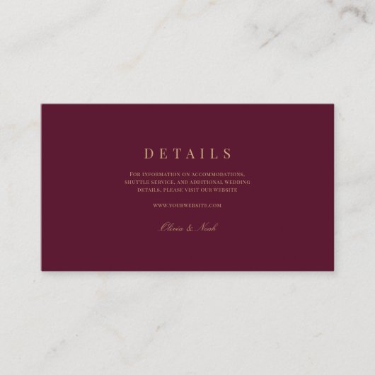 Elegant Script Goud & bordeaux bruiloft details Informatiekaartje (Voorkant)