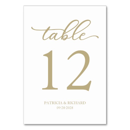 Elegant Script Goud en Wit Trouwtafelnummer Kaart (Voorkant)