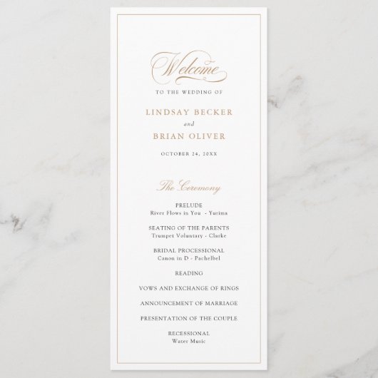 Elegant Script Goud Moderne Kalligrafie Bruiloft Programmakaart (Voorkant)