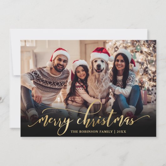 Elegant Script Goud Script Zwart Foto Kerstmis Feestdagenkaart (Voorkant)