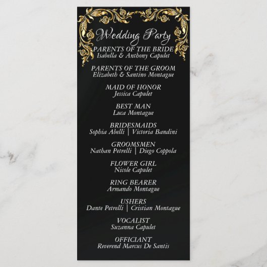 Elegant Script & Gouden Bladeren - Black Wedding Programmakaart (Achterkant)