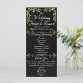 Elegant Script & Gouden Bladeren - Black Wedding Programmakaart (Staand voorkant)