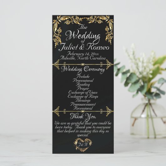 Elegant Script & Gouden Bladeren - Black Wedding Programmakaart (Staand voorkant)