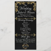 Elegant Script & Gouden Bladeren - Black Wedding Programmakaart (Voorkant)