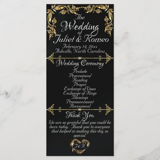 Elegant Script & Gouden Bladeren - Black Wedding Programmakaart (Voorkant)