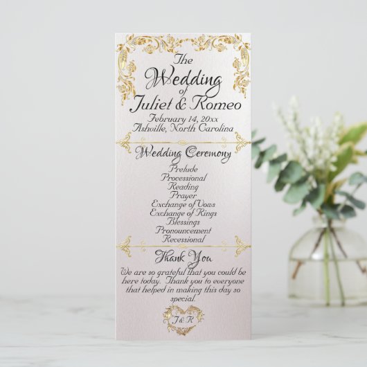 Elegant Script & Gouden Bladeren - Pearl White Wed Programmakaart (Staand voorkant)