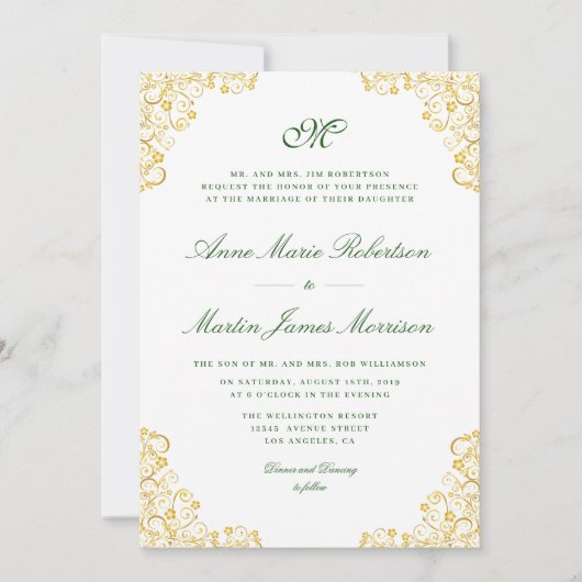 Elegant script gouden bloemenbruiloft uitnodiging (Voorkant)
