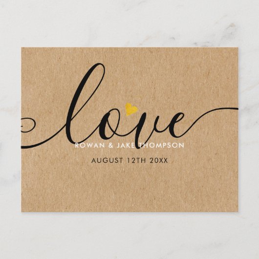 Elegant Script Gouden Hart Bedankt Rustieke Kraft Briefkaart (Voorkant)