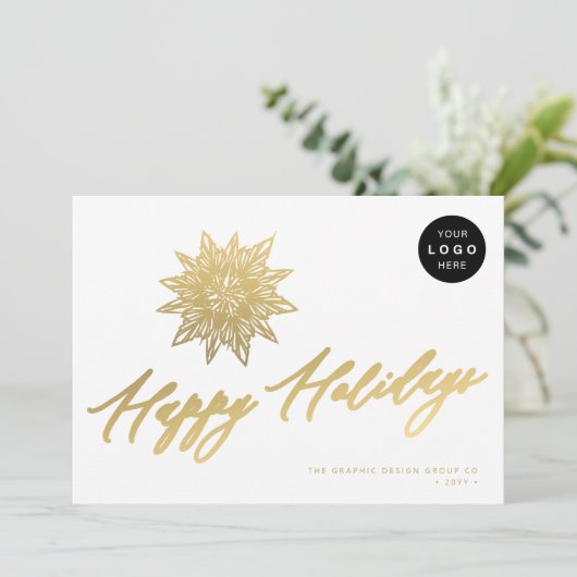 Elegant script gouden sneeuwvlok LOGO business Feestdagenkaart (Staand voorkant)