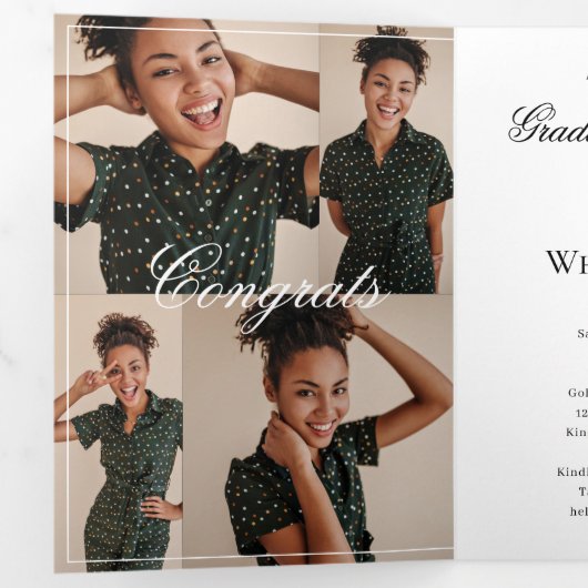 Elegant Script Grad Photo Collage Graduation Party Drieluik Uitnodiging (Binnenzijde eerst)