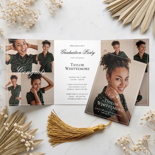 Elegant Script Grad Photo Collage Graduation Party Drieluik Uitnodiging