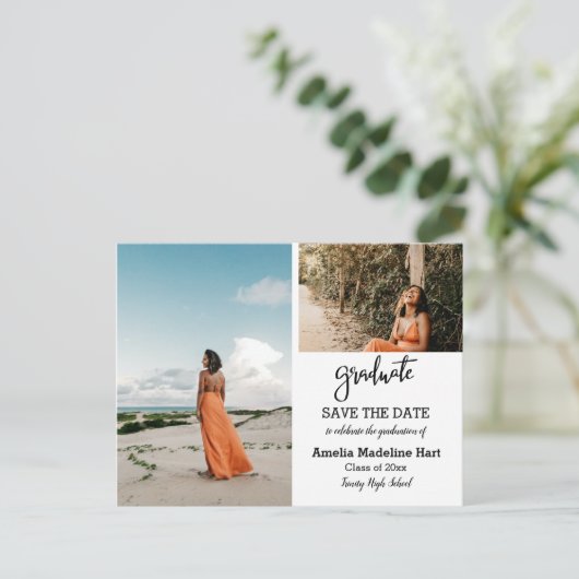 Elegant Script Graduation Party | Datum opslaan Aankondigingskaart (Staand voorkant)