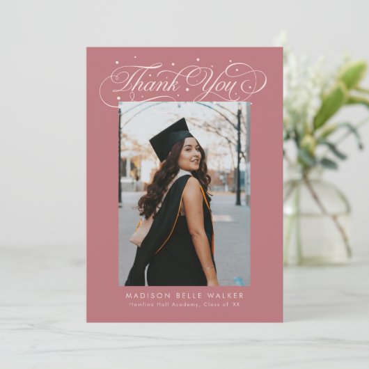 Elegant Script Graduation Photo Pink Bedankkaart (Staand voorkant)