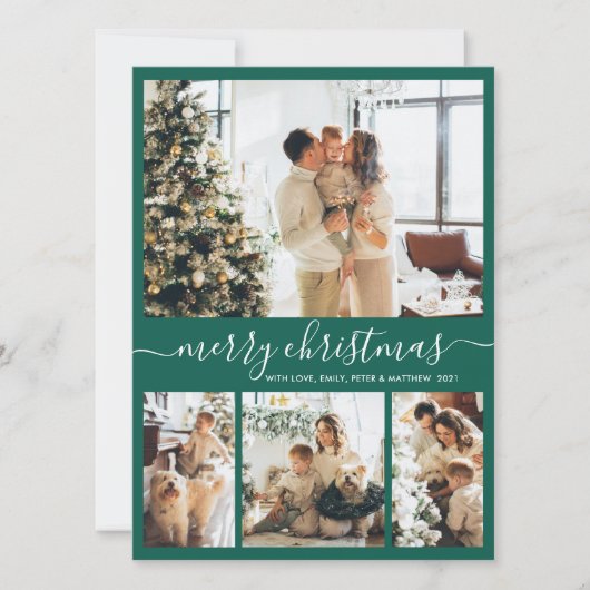 Elegant Script Green 4 Photo Collage Kerstmis Feestdagenkaart (Voorkant)