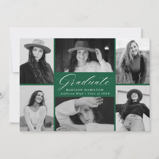 Elegant Script Green 6 Photo Collage Afstuderen Aankondiging (Voorkant)