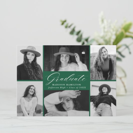 Elegant Script Green 6 Photo Collage Afstuderen Aankondiging (Staand voorkant)