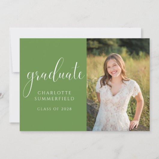 Elegant Script Green Afstuderen Photo Invitation Kaart (Voorkant)