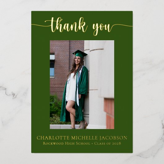 Elegant Script Green Gold Photo Afstuderen Folie Uitnodiging (Voorkant)