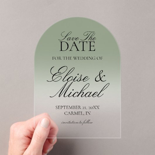 Elegant Script Green Gradient Save The Date Acryl Uitnodigingen (Insitu (Draagbaar))