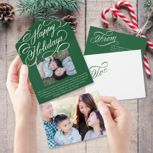 Elegant Script Green Happy Holiday fotokaart All In One Uitnodiging