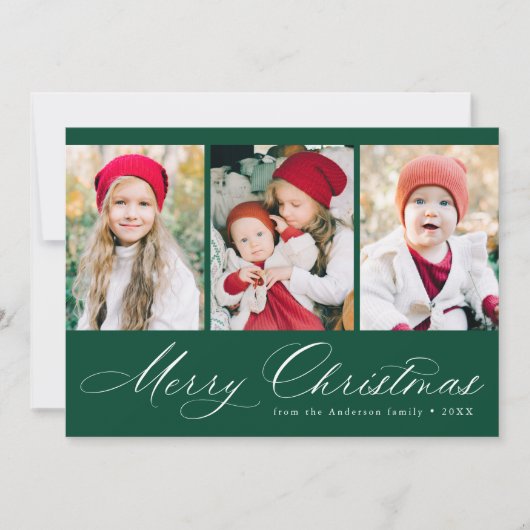 Elegant Script Green Merry Kerstmis 3 Foto Feestdagenkaart (Voorkant)
