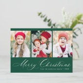 Elegant Script Green Merry Kerstmis 3 Foto Feestdagenkaart (Staand voorkant)