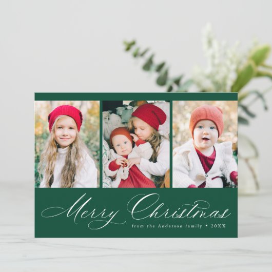 Elegant Script Green Merry Kerstmis 3 Foto Feestdagenkaart (Staand voorkant)