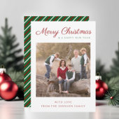 Elegant Script Green Stripes Kerstfoto Feestdagenkaart