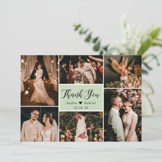 Elegant Script Green Wedding Multi Photo Collage Bedankkaart (Staand voorkant)