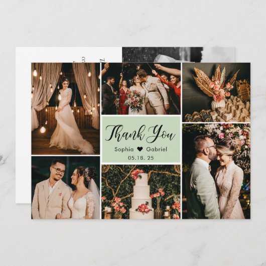 Elegant Script Green Wedding Multi Photo Collage Bedankkaart (Voorkant / Achterkant)