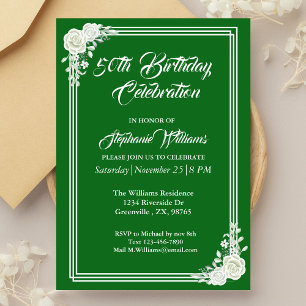 Elegant script Green White Rose 50ste verjaardag Kaart