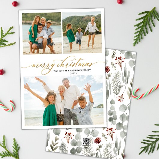Elegant Script Greenery 3 Multi Photo Christmas Feestdagenkaart