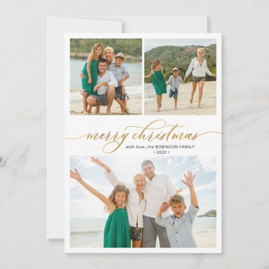 Elegant Script Greenery 3 Multi Photo Christmas Feestdagenkaart (Voorkant)