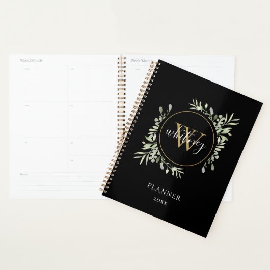 Elegant Script Greenery Monogram Black 2023 Planner (Display)