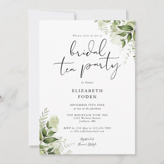 Elegant Script Greenery Monogram Bridal Tea Party Kaart (Voorkant)