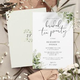 Elegant Script Greenery Monogram Bridal Tea Party Kaart