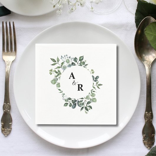 Elegant Script Greenery Monogram Trouwpapier Servet