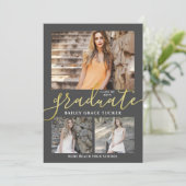Elegant Script Grey 3-Photo Collage Afstuderen Aankondiging (Staand voorkant)